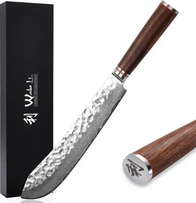 Produktbild von Wakoli Nussbaum Damast BBQ Blockmesser I 30 cm Klinge I Nussbaumholzgriff