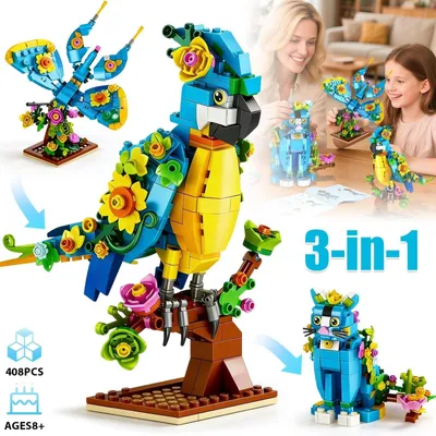 Produktbild von 3-in-1 Blumen Papagei Schmetterling Bausteine Set 408 Teile Kunstdeko Geschenk