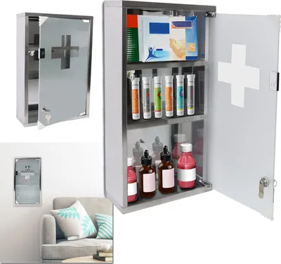 Produktbild von XINZI Medizinschrank Apothekerschrank mit Glas Tür und 3 Schlüssel abschließbar Medikamentenschrank aus Edelstahl Hängend Arzneischrank - 2 Fächer