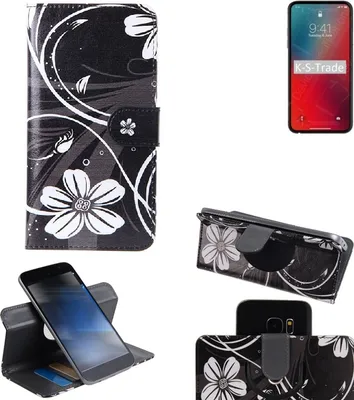 Produktbild von K-S-Trade Schutzhülle Handyhülle kompatibel mit Apple iPhone 12 Pro Hülle 360° Wallet Case ''Flowers'' Klapphülle Hülle schwarz-weiß 1x