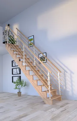 Produktbild von Holztreppe Lindos (Eiche) in gerader Ausführung-100 cm-Design Geländer Holzrundstäbe-beidseitig-ohne Setzstufen