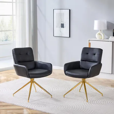 Produktbild von 2er-Set 360° drehbare Esszimmerstühle, schwarzes PU, goldene Metallbeine, 85 cm