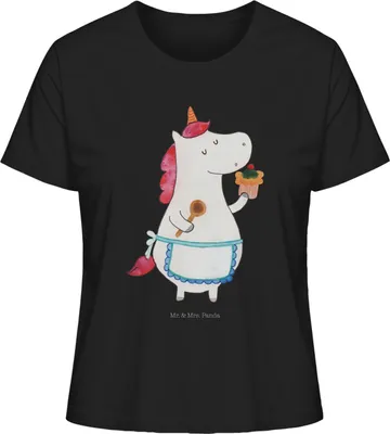 Produktbild von Mr. & Mrs. Panda T-Shirt für Frauen Einhorn Küche Größe M - Schwarz - Geschenk, Oberteil Damen, Muffin, Kurzarmshirt, Unicorn, Einhörner, Motivation, Torte, Basic Shirt