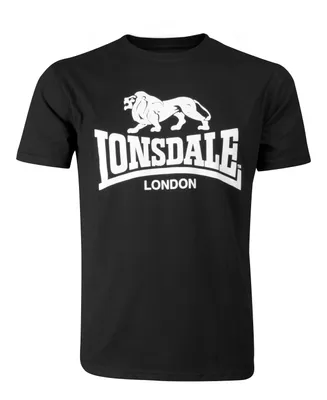 A black t-shirt with a white Lonsdale logo and text.