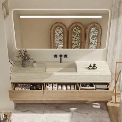 Immagine prodotto di Set lavabo sospeso - Pietra sinterizzata - Effetto travertino, con specchio, mobile sottolavabo, ripiano e scarico, senza foro per rubinetteria 140×55 cm【YT9865-140 BKK】