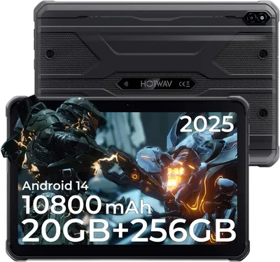 A rugged tablet with a gaming-themed wallpaper displayed on the screen, and the back of the tablet is shown above.