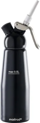A black whipped cream dispenser with a silver lever and white nozzle, set against a plain white background.