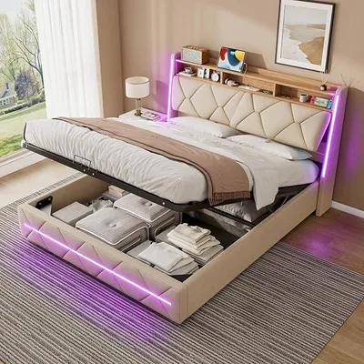 Obrázok produktu pre Postel 140x200 s LED osvetlením a USB portmi, dvojlôžko s čalúnením 140x200 s úložným priestorom a čelom, rám postele, posteľ s roštom, hydraulická posteľ, farba béžová, materiál: ľan, bez matraca
