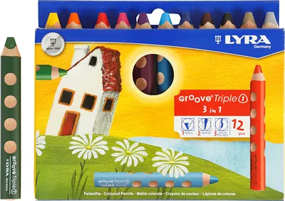 A box of Lyra Groove Triple1 colored pencils with a drawing of a house and flowers on the front. A single green pencil is shown to the left of the box, and a single red pencil is shown to the right.