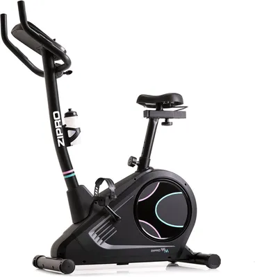 A black exercise bike with a water bottle holder, shown against a white background.