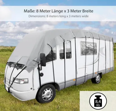 Produktbild von ONVAYA® Wohnmobil Dachabdeckung mit Aufbewahrungstasche | 8 x 3 m | Abdeckplane für Wohnwagen | Wetterbeständige Schutzhülle | Atmungsaktiv & Reißfest