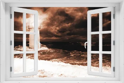 Produktbild von Wallario Wandbild mit Fenster-Illusion: Abstrakter Leuchtturm im Wasser bei stürmischer See, Größe: 61 x 91,5 cm, Poster mit rahmenlosen Bildhalter