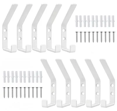 Produktbild von 10 weiße Garderobenhaken, 12,6 mm Metallhaken für Akustikpaneele, Zubehör für Akustikpaneele mit Gummistoppern und Schrauben für Wohnzimmer, Schlafzimmer, Küche, Badezimmer, Wandpaneele, Kleiderhaken