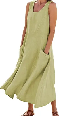 Image de ASKSA Femme Eté Coton Robe de débardeur Unicolore A-Line Robe de plage Robe ample Robe d'été avec poches, Vert clair, XL