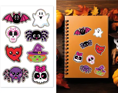 Immagine prodotto di Set di adesivi di Halloween Divertimento colorato Mostri fantasma Streghe Zucca ragni Scintilla magica Aspetto spaventoso Accessori spettrali Decorazione, Colore: Multicolore