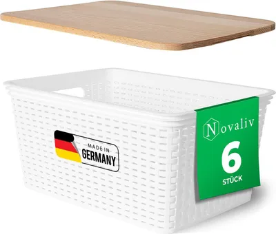 Image de Novaliv Lot de 6 boîtes de rangement avec couvercle en bois Grand panier 14L Blanc en rotin Design alimentaire Panier de rangement Empilable Plastique sans BPA Caisses de rangement avec couvercle