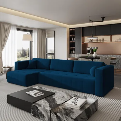 Produktbild von Masseno Ecksofa OLVERA mit Schlaffunktion L-Form, Sofa mit Bettkasten, Wohnzimmersofa, Couch, Soffa, Bettsofa, Couchgarnitur- Blau, KRONOS 09