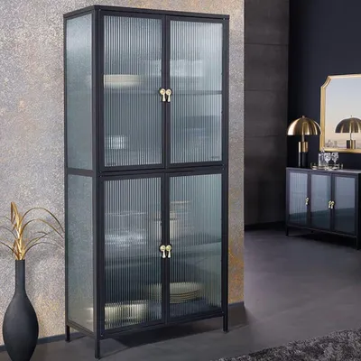 Produktbild von Moderner Vitrinen-Schrank TRIADO 180cm schwarz Metall Riffelglas