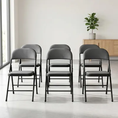 Image de Lot de 6 chaises de conférence pliantes, rembourrées, en métal et similicuir, gris