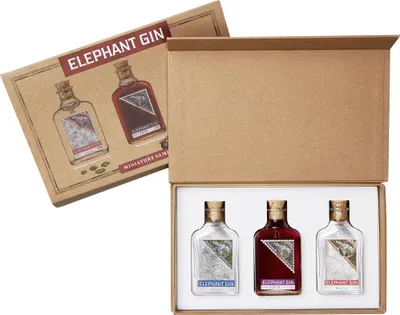 Produktbild von Elephant Gin Tasting Set London Dry Gin 0,05ml (45% Vol) + German Sloe Gin 0,05ml (35% Vol) + Elephant Strength 0,05ml (57% Vol) Miniaturen- [Enthält Sulfite]