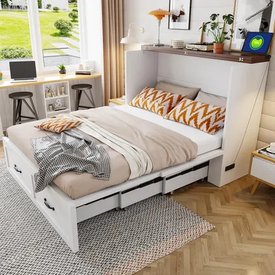 Produktbild von MODFU Klappbett 140×200 mit Ausziehfunktion,Schrankbett mit Steckdose und Metallrahmen,Wandbett mit Stauraum,ohne Matratze,Weiß
