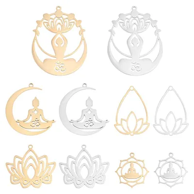 10er-Set Yoga-Anhänger, 5 Stile, Edelstahl, Buddha & Lotus, 2 Farben