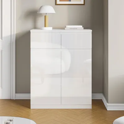 Produktbild von Sideboard mit 2 Türen und 2 Schubladen, Hochglanz-Kommode, für Küche, Wohnzimmer, Schlafzimmer, Flur, Weiß, MDF, 80 × 103 × 40 cm