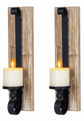 Produktbild von Wandkerzenhalter Set von 2 - Schwarze Wandmontierte Kerzenhalter aus Metall und Holz für Wohnzimmer und Badezimmer