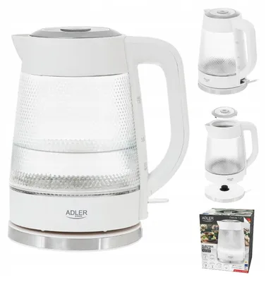 A collage of images showing a glass electric kettle, its components, and its packaging.