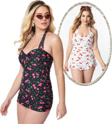Produktbild von Unique Vintage 50er Jahre retro Cherry Polka Dots Badeanzug , Größe:L, Farbe:Schwarz