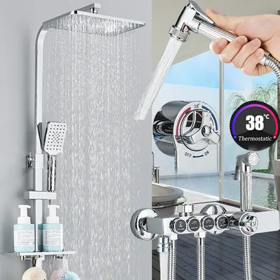 Produktbild von Chrom Thermostat LCD Brausesäule Brausegarnitur Brausesystem für Badezimmer Duscharmaturenset mit Temperaturanzeige