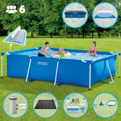 Zdjęcie produktu dla Basen Intex z prostokątną ramą - 300 x 200 x 75 cm - niebieski - zawiera pokrywę - pokrywę gruntową - pompę filtrującą do basenu - matę solarną - pakiet konserwacyjny - zestaw do czyszczenia