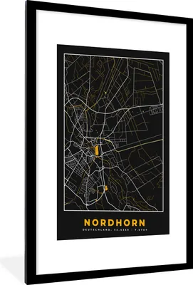 Produktbild von MuchoWow® Gerahmtes Poster Nordhorn - Stadtplan - Gold - Karte - Deutschland 60x90 cm - Poster mit Schwarzem Bilderrahmen Wandposter Rahmen Foto Bilder - Dekoration - Wandposter Wohnzimmer - Hochwertig