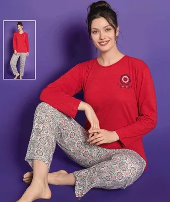 Produktbild von Damen Pyjama Schlafanzug Rot L Lang 2-Teiler Set S-62