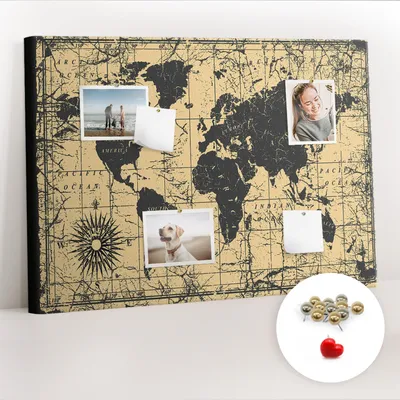 Imagen del producto de Tablero de corcho con chinchetas – Tablero con chinchetas para fotografías y notas – 100x70 cm – 100 chinchetas metálicas – Mapa del mundo de estilo vintage