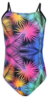 Produktbild von Aquarti Mädchen Badeanzug mit Spaghettiträgern Streifen, Farbe: Bunte Blätter / Schwarz / Pink / Orange, Größe: 134