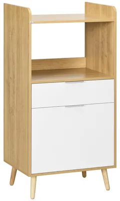Produktbild von Küchenwagen für Mikrowelle mit Schrank, Schublade und verstellbarem Einlegeboden, 58 x 40 x 118 cm, natur und weiß
