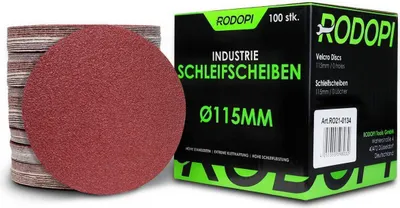 Produktbild von 100 x RODOPI Klett Schleifpapier 115mm RedDevil Körnung K220 Schleifscheiben für Exzenterschleifer ungelocht Zirkonium Korund Schleifpads Klettscheibe