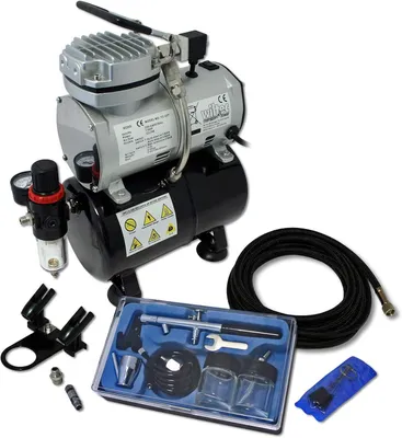 Obrázek produktu pro Kompresorový set pro airbrush, obsahující bezolejový pístový kompresor, tlakovou nádobu a startovací příslušenství