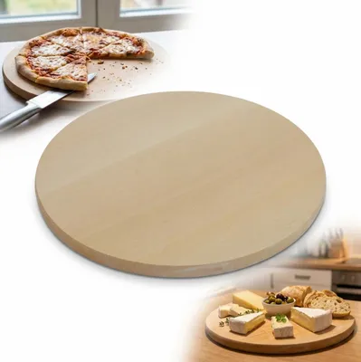 A collage of images showing a wooden pizza board, one with a pizza and a pizza cutter, and another with cheese and bread.