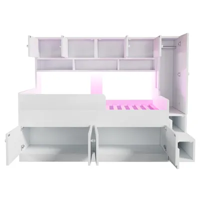 Produktbild von Merax Kinderbett 90x200 cm mit Kleiderschrank und Stauraumleiter, Holzbett mit LED und Sicherheitsgeländer, Jugendbett mit Holzbettrahmen, Weiß