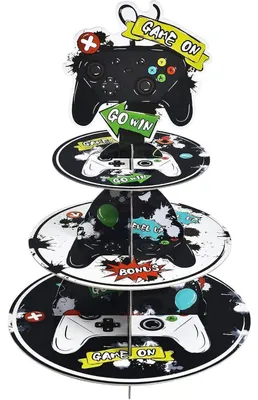 Immagine prodotto di Supporto per cupcake a 3 piani, in cartone, colore nero, ideale per feste a tema gaming o compleanni. Diametro totale: 42 cm. Dimensioni dei piani: 18/23/28 cm