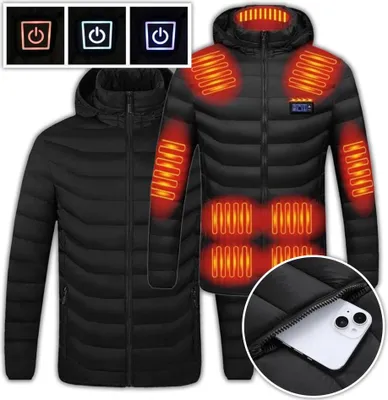 A black heated jacket is shown with glowing red heating elements and a close-up of a phone in a pocket.
