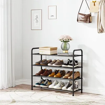 Image de Étagère à chaussures Unyqoos® – 4 niveaux, 100% acier inoxydable, capacité pour 12 paires de chaussures, finition noire mate, dimensions : 68 × 26 × 65 cm, organisateur pour entrée et chambre