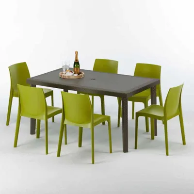 Produktbild von Polyrattan Tisch Rechteckig mit 6 Bunten Stühlen 150x90 Braun Focus