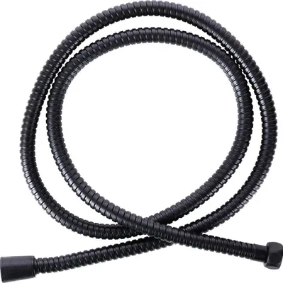 A black flexible hose, likely a shower hose, coiled on a white background.