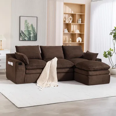 Produktbild von MODFU 3-Sitzer Sofa,Modulares Sofa mit 1 Hockern,Big Sofa mit Kissen & 2 Seitentaschen,Cord,Braun