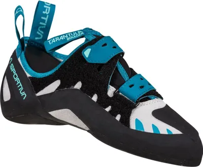 Klett-Kletterschuh "Tarantula Boulder Woman" von La Sportiva in Schwarz und Blau mit rutschfester Sohle.
