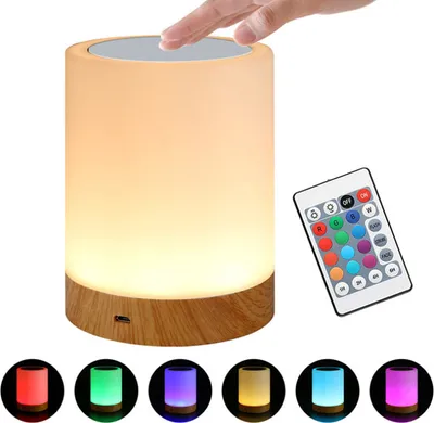 A touch-sensitive LED lamp with a wood base, shown with a remote control and several color options displayed below.