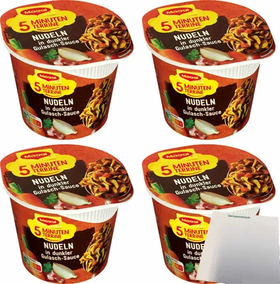 Produktbild von Maggi 5 Minuten Terrine Nudeln in dunkler Gulasch-Sauce 4er Pack (4x60g Becher) + usy Block